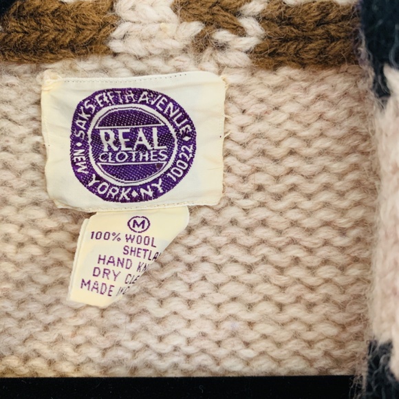 Saks Fifth Avenue Cardigan Womens M Tan Aztec Geometric Shetland Wool Sweater - Picture 3 of 12